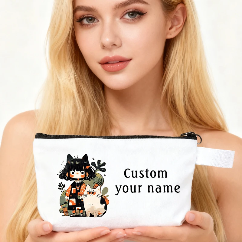

Makeup Bag Organizers Custom Name Cute Girl and Cat Pattern Pencil Cases Travel Practical Accessories Pouch Small Cosmetic Bag