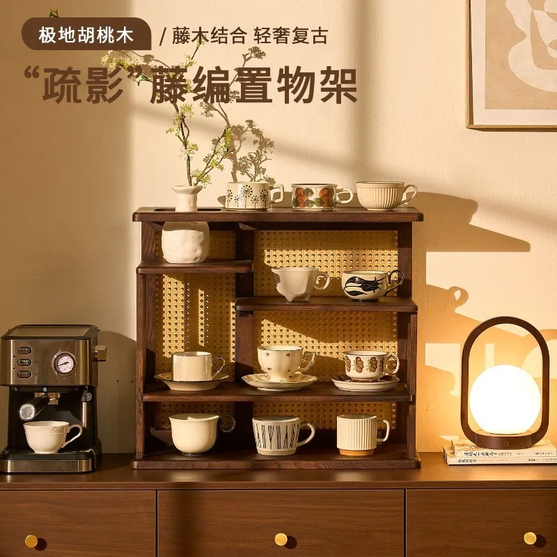 Solid wood rack storage cabinet desktop Bogu rack coffee water cup tea set teacup teapot Chinese rattan rack