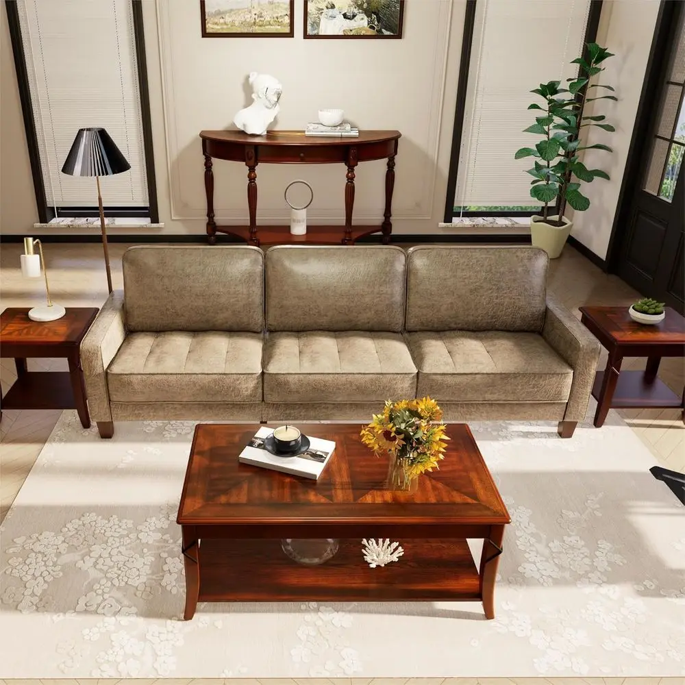 Mid-Century Cherry Queen Anne Coffee Table with Storage, 43.3W x 23.6D x 17.7H, Easy Assembly, KFZ-DR200