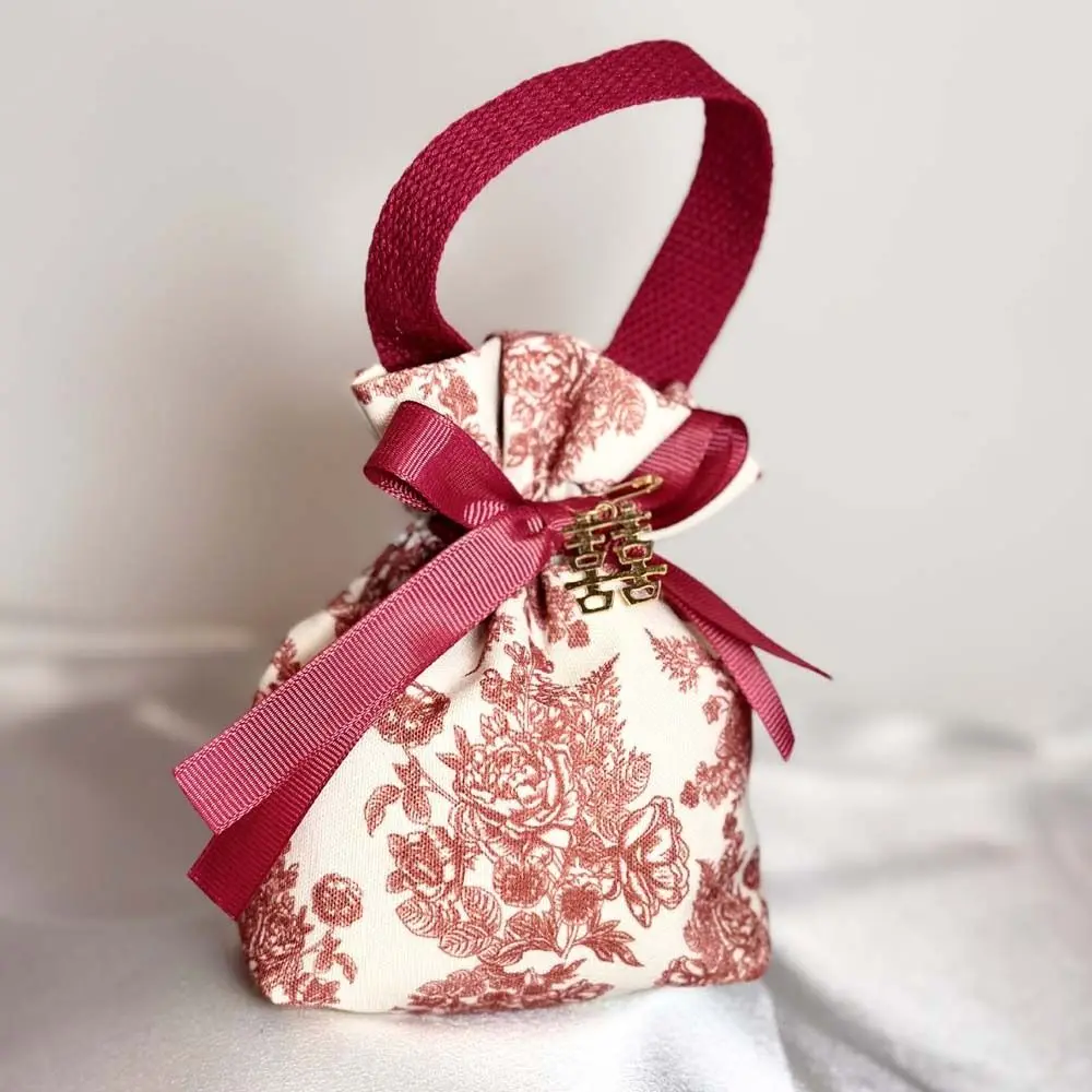 Pearl Pendant Canvas Floral Drawstring Bag Korean Style Large Capacity Peony Flower Wrist Bag Coin Purse Wallet Satin Bow