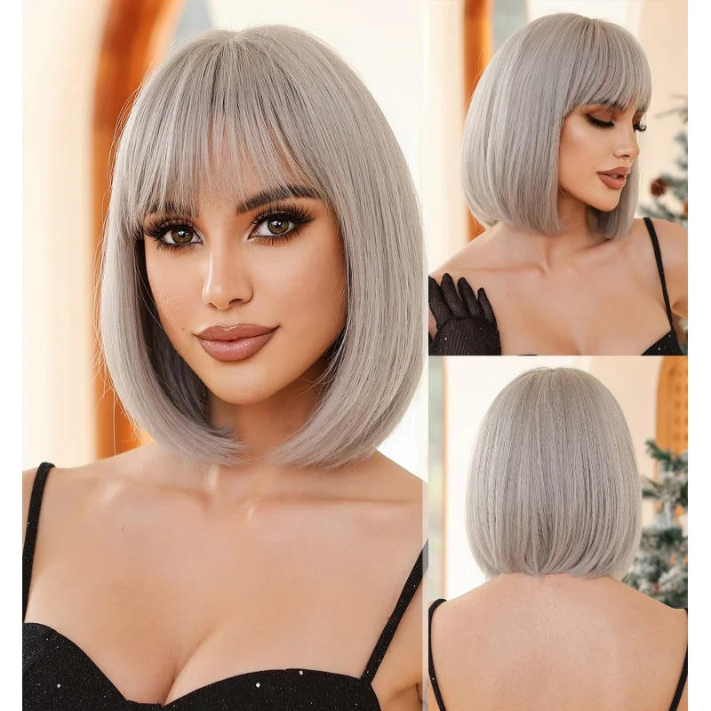 

Halloween Short Straight Grey Cosplay Party Wigs With Fringe Heat Resistant Hair