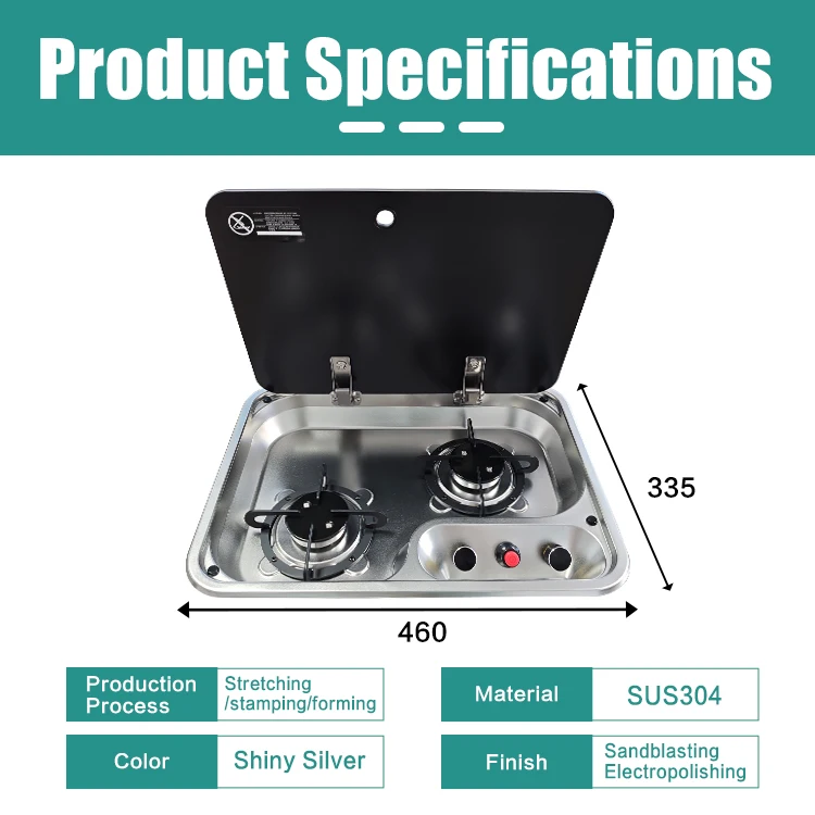 Stainless Steel RV Drop-In Cooktop with 2 Burners and Glass Cover, Propane Camper Stove for Motorhome & Camping