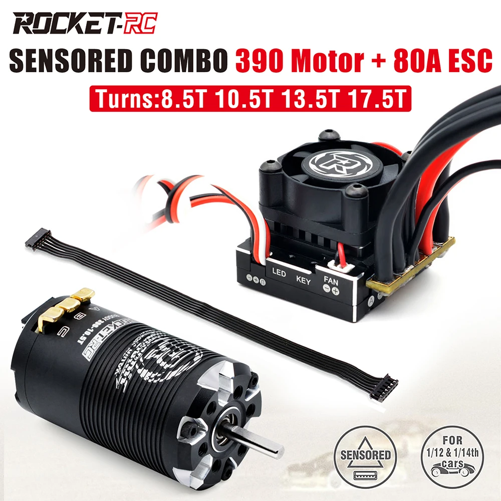 

Rocket-RC Motor Supersonic 390 Sensored Brushless Motor and 80A ESC for 1/12 1/14 Buggy Truck Crawler RC Car 8.5T 10.5T 13.5T