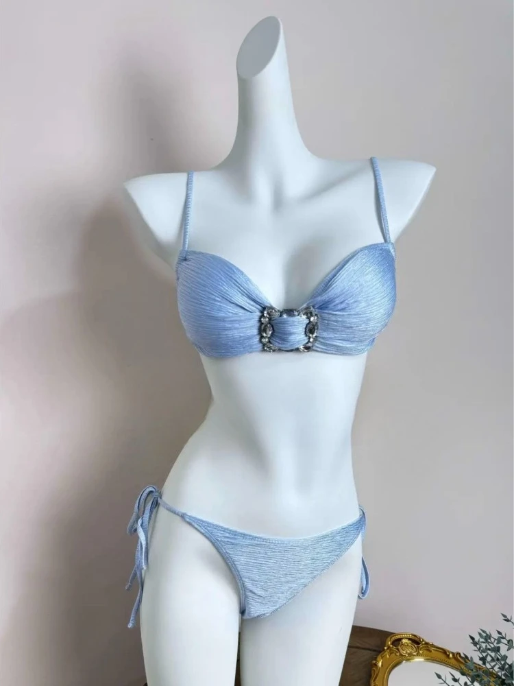 Summer Y2k Harajuku Sweet Elegant Solid Color Bikini Sets Women Vintage Spice Girls Fashion Swimwear Casual Beach Style Outfits