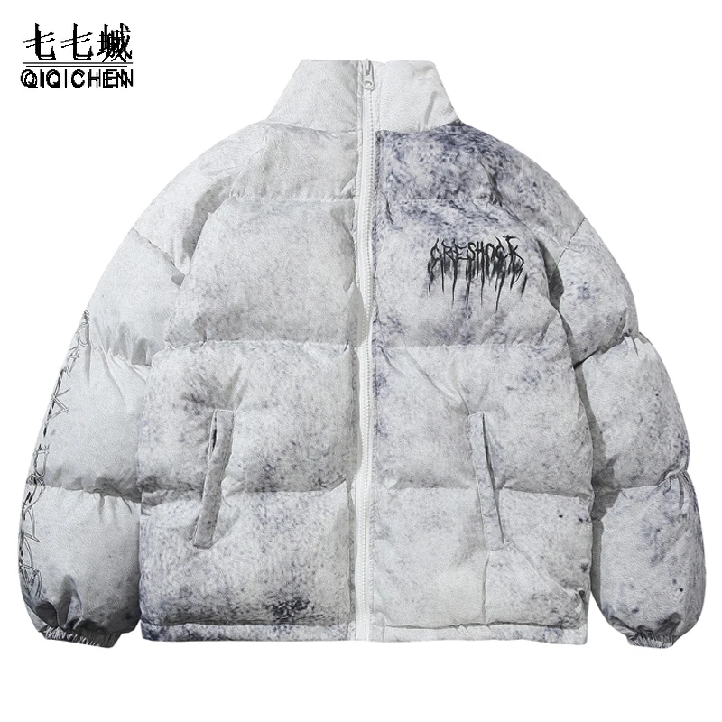 Down Padded Parkas Men Graffiti Bear Print Street Hip Hop Casual Thick Warm College Heating Jacket Coat Winter Windbreaker Women