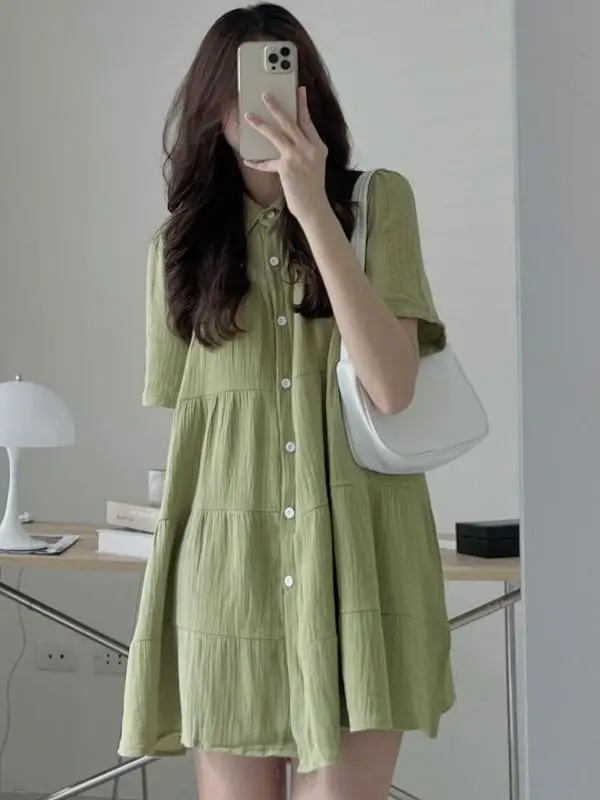 

plus Size Women's Shirt Dress Single Button Loose Short A-Line Skirt Summer Design Breathable Polyester Fiber Casual Wear