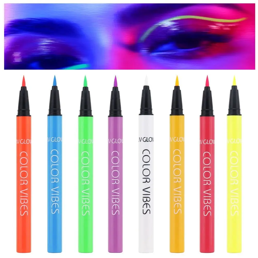 Delineador fluorescente UV sem manchas, Brilho no escuro, roxo e amarelo, Pintura da arte corporal, Caneta Gel Delineador, Longa Duração