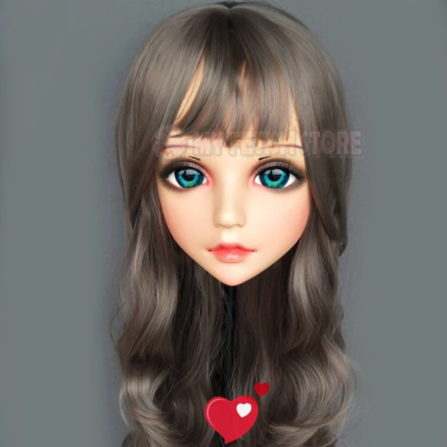 (Hua-05)Female Sweet Girl Resin Half Head Kigurumi BJD Eyes Crossdress Cosplay Japanese Anime Role Lolita Mask With Eyes And Wig