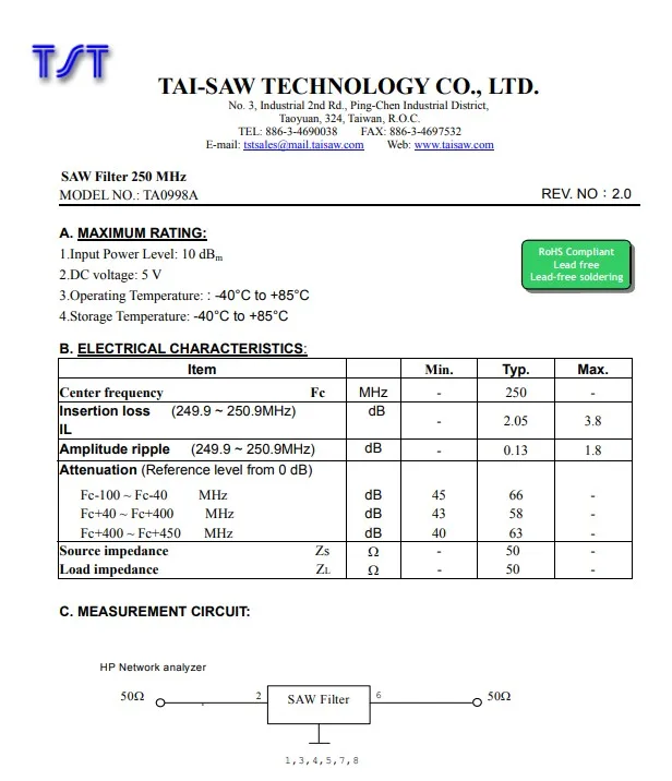 10Pcs/lot Original SAW Filter TA0998A Code 998 250MHz Frequency Wireless RF Surface Acoustic Wave 5V 3.8dB 1MHz  8-SMD