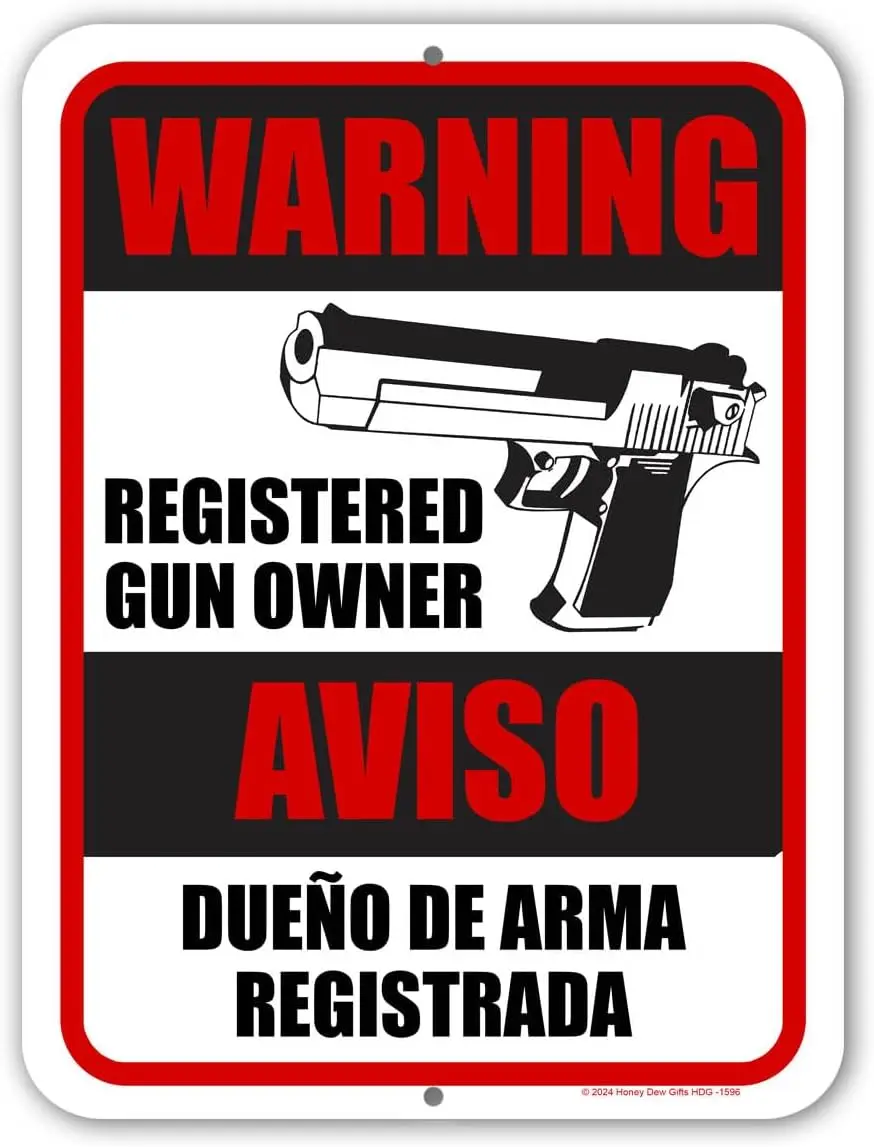 Warning Registered Gun Owner, English Spanish Espanol Bilingual Signs, Security Signs, Warning Signs, No Trespassing Signs  sign