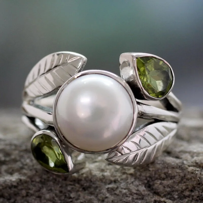 

Leaf imitation pearl forest ring women retro fashion party jewelry gift