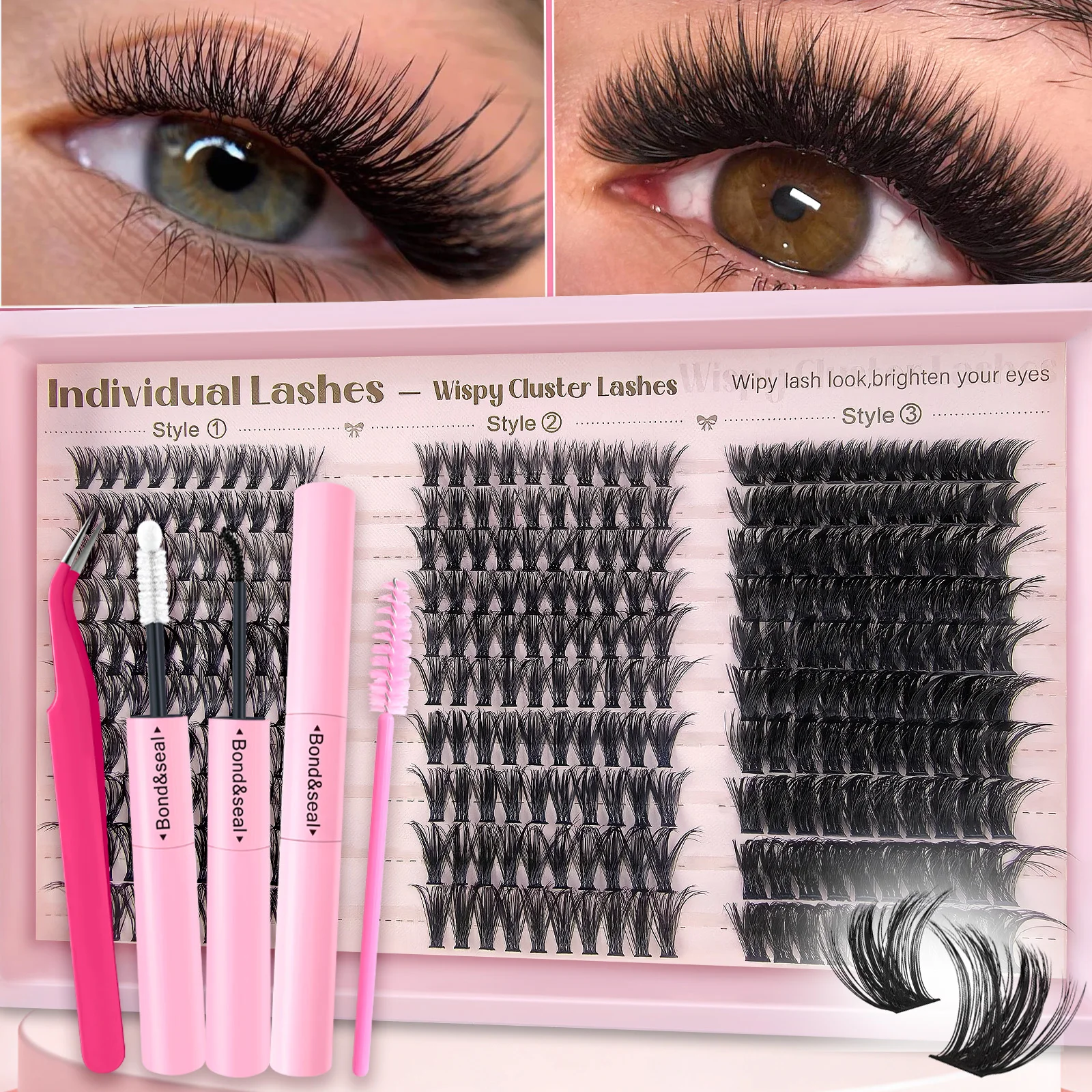 Wispy Natural Thick Dramatic DIY Eyelash Extensions Set with Lash Tweezers Glue Applicator Tools, Reusable Segment False Lashes