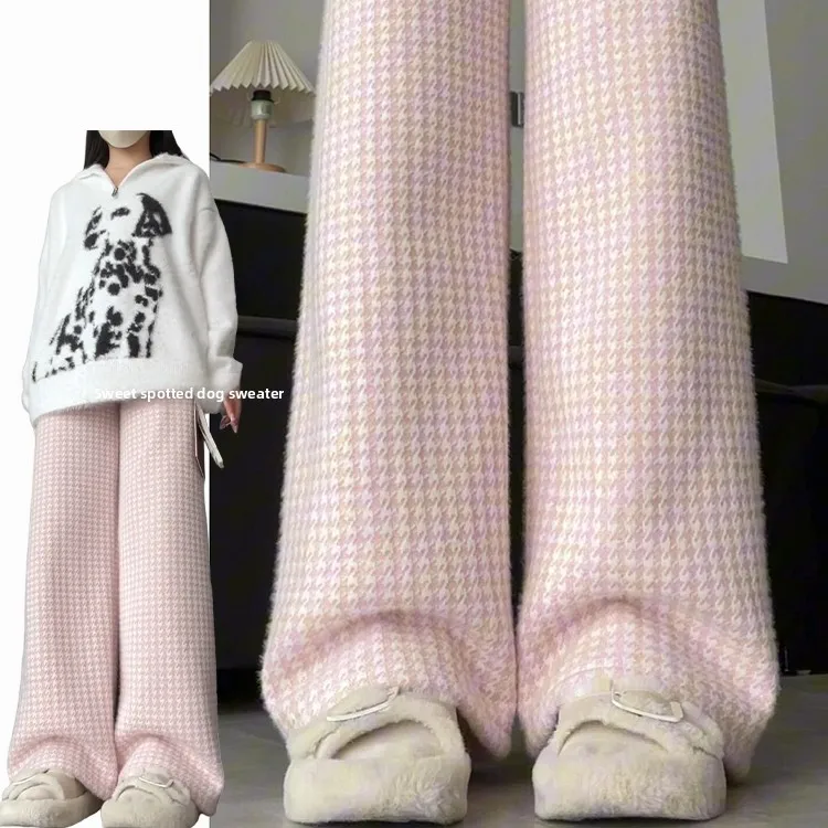 Różowe spodnie w kratę z szerokimi nogawkami, damskie, na wiosnę i lato 2025, nowe, koreańskie, proste, luźne spodnie do ziemi.