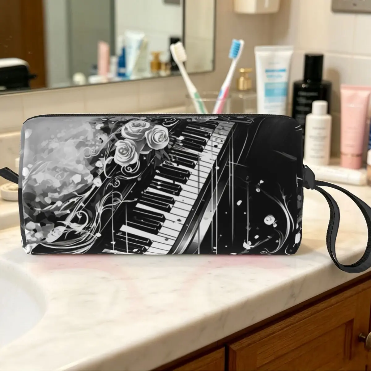 Abstract Piano Keys With Musical Notes Makeup Bag Cosmetic Organizer Storage Dopp Kit Toiletry Cosmetic Bag for Women Beauty