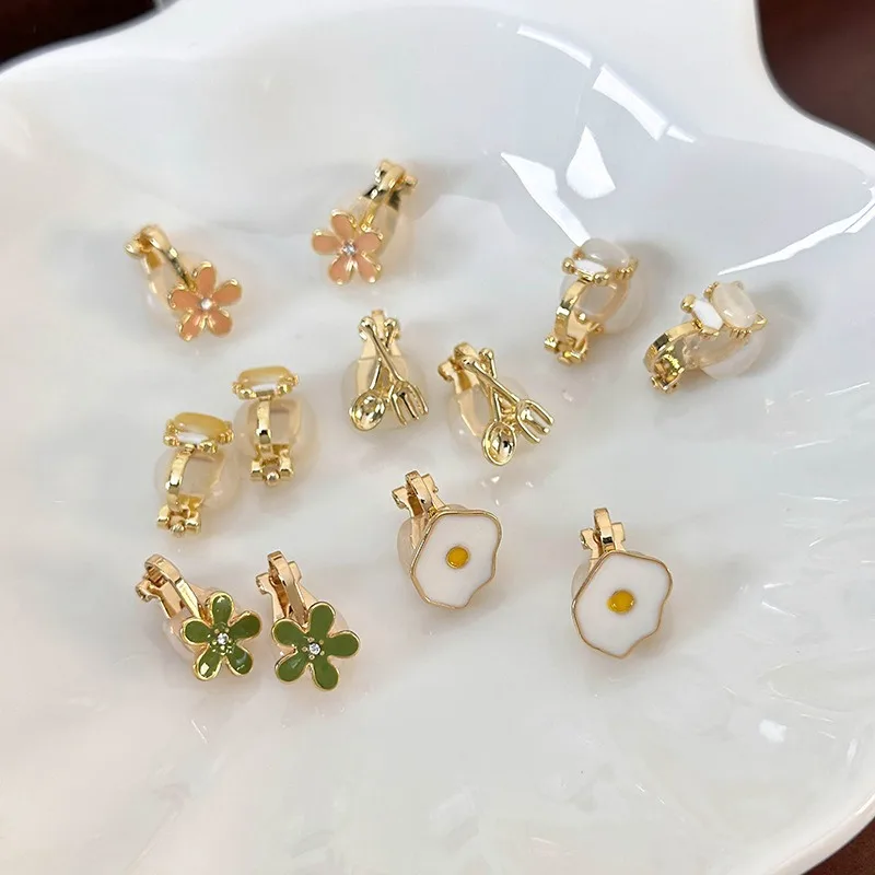 Colorful Enamel Small Clip on Earrings Cat Flower Design Lightweight Sweet Funny Dainty Premium No Piercing Ear Cuffs for Women