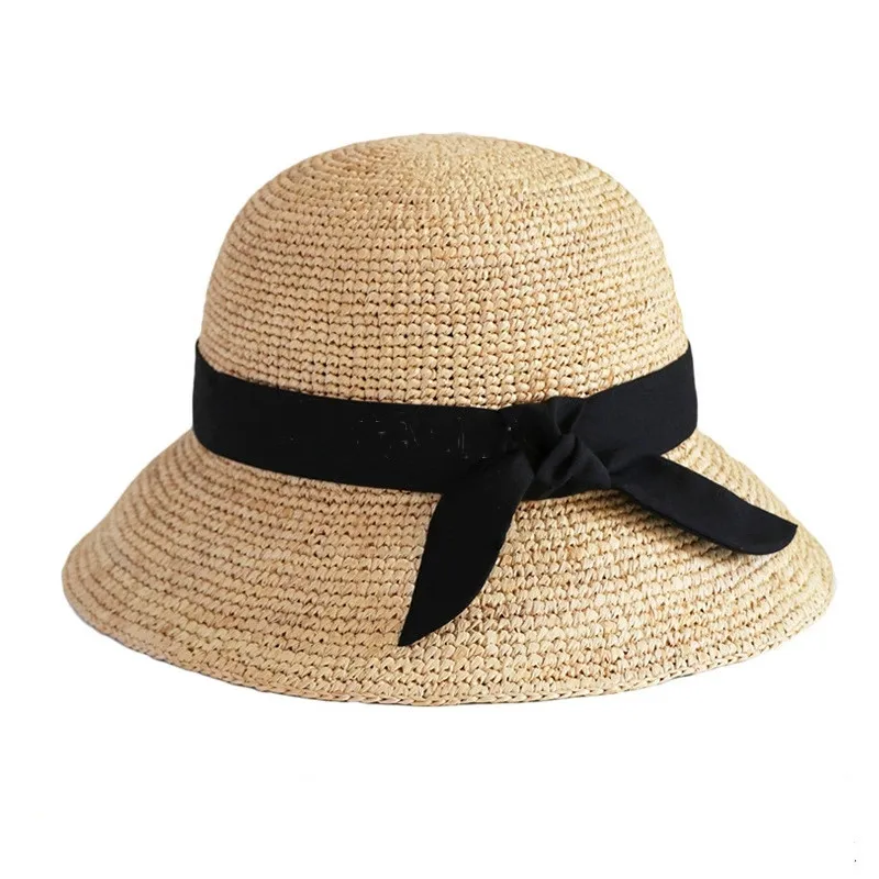 Foldable Wide-Brim Raffia Straw Hats Crocheted Bowknot Sun Protection Straw Hat for Summer Beach Vacation Sun Hat