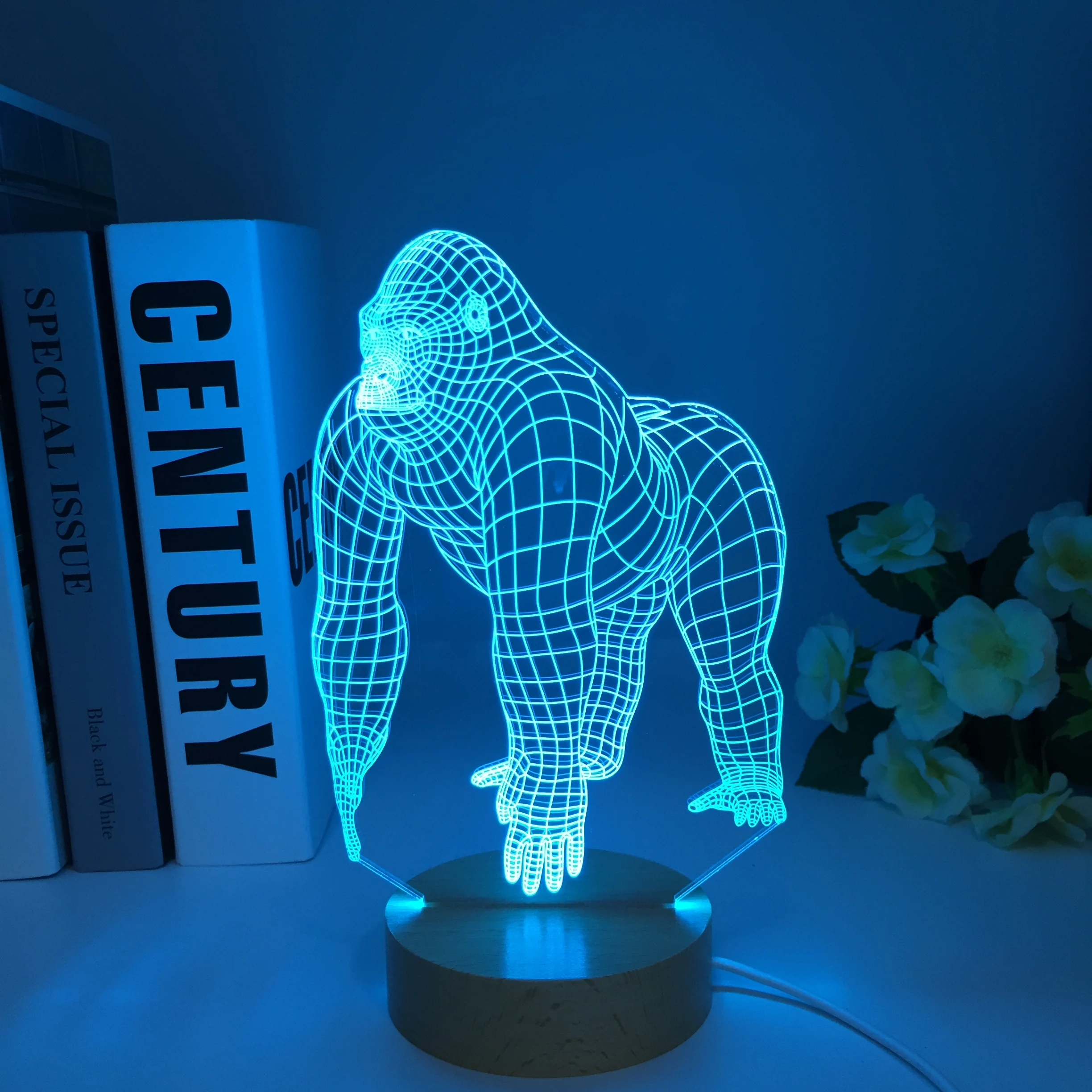 Animal Orangutan Gorilla Chimpanzee Round Wooden 3D USB LED Lamp Touch Wood Color Changing Mood Illusion Table Decor Night Light