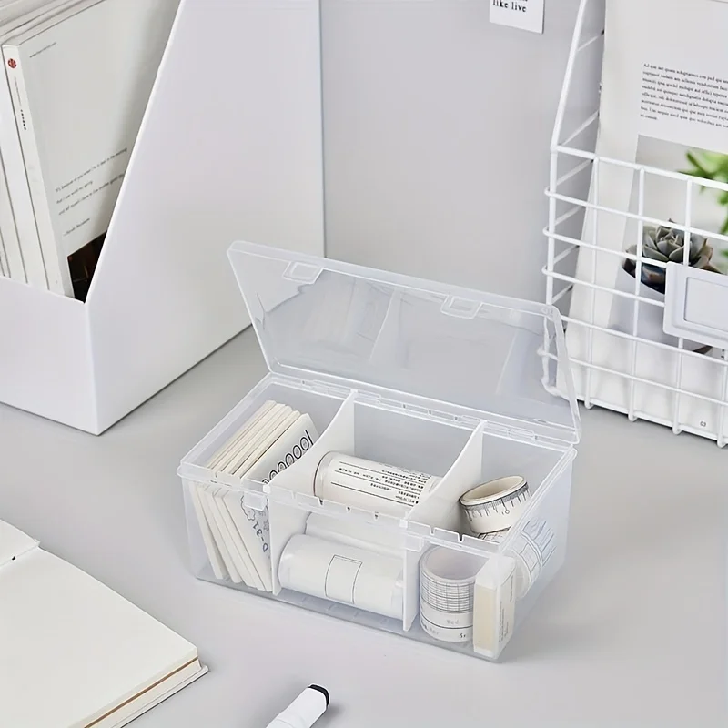 Desktop small item storage box, divided with cover, data cable card, convenient sticker, learning supplies storage box