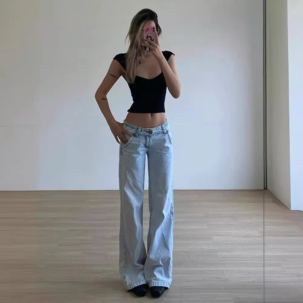 อเมริกัน Retro High Street กางเกงยีนส์ Four Seasons ใหม่ล้างต่ําเอว Design Sense Casual ความยาวพื้นกางเกงยีนส์ขาตรงสําหรับผู้หญิง