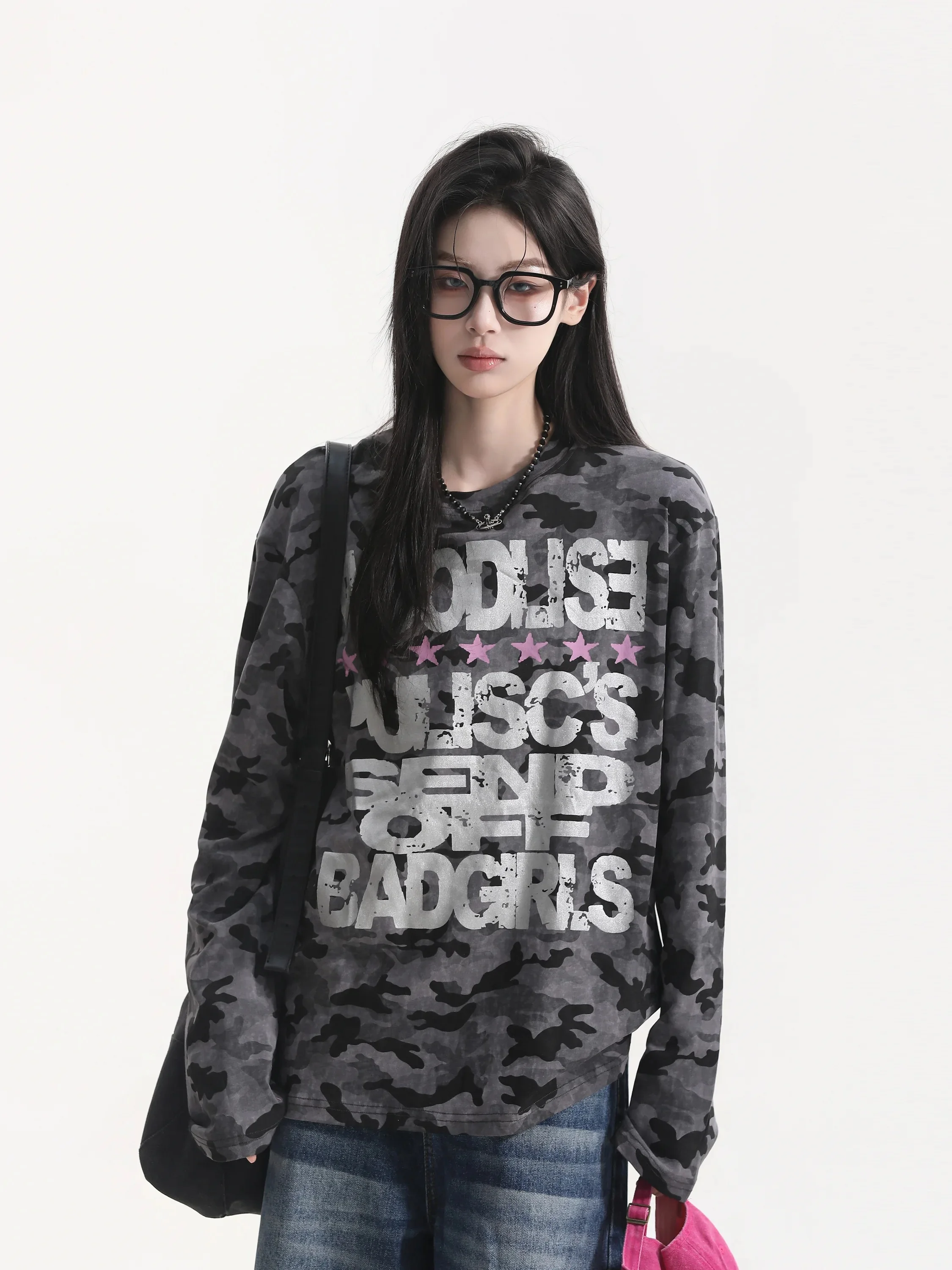 Silver Heat Transfer Print Camouflage Long Sleeve T-Shirt Unisex Street Style Design Casual Fashion Breathable Cotton Blend