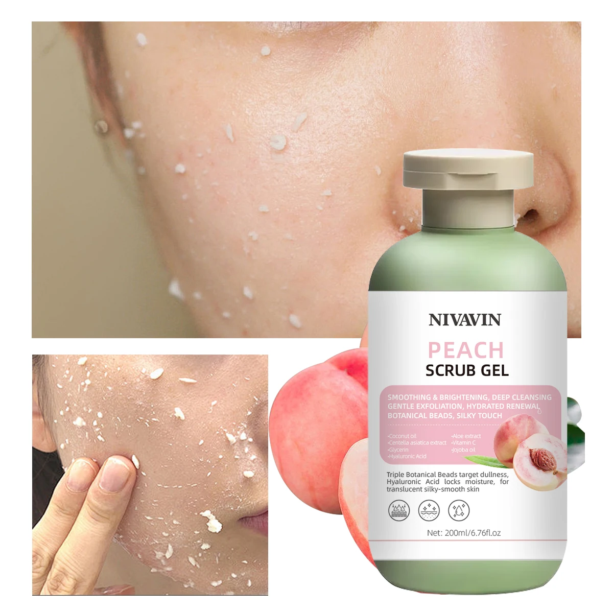 200ml Peach Scrub Gel is suitable for all skin types, gently removes dead skin, moisturizes and brightens the skin tone