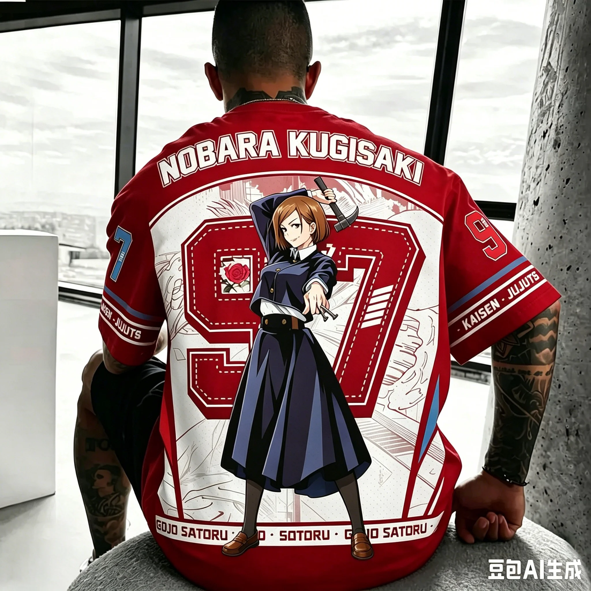 Men Jujutsu Kaisen Nobara Kugisaki 97 Number Graphic T-Shirt Full Back Print Oversized Mesh Y2K Street Anime Fan Daily Outfit view 5