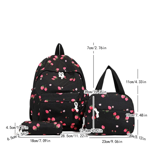 Imagen 2 del producto Conjunto de mochila de fresa bonita a la moda, bolso y estuche para bolígrafo de nailon acolchado con doble cremallera para mujer, elementos esenciales para ir al trabajo en el Campus, 3 uds.