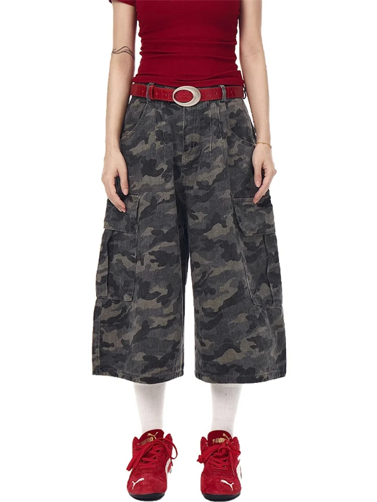 Retro Amerykańskie Spodnie Damskie Letnie Luźne Szerokie Nogawki Siedem-Osiem Długości Wysoki Stan Zapinane na Zamek Casualowe Jednolite Kolorystycznie Jeansowe