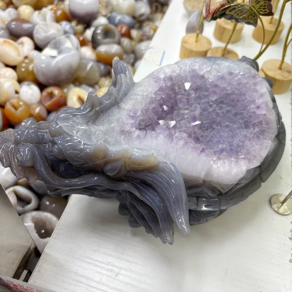 Natural Agate Amethyst Geode Hand Carved Large Dragon Turtle Figurine, Crystal Dragon Tortoise Statue, Reiki Feng Shui Decor