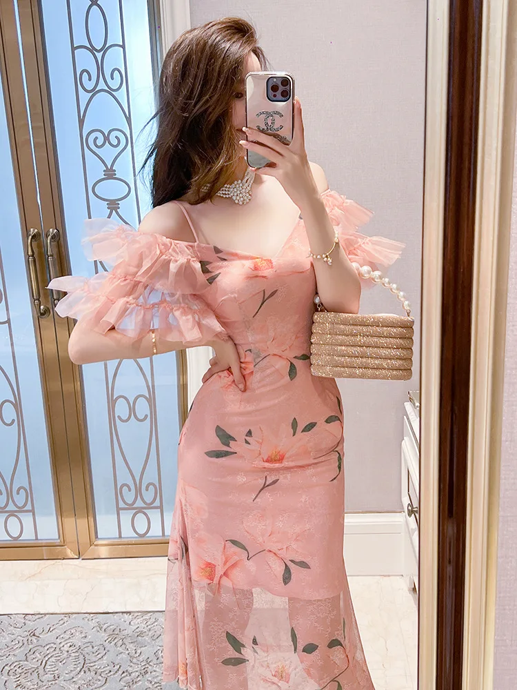 

Coigarsam Summer Dress New Office Lady Cute Solid Print Slash Neck Butterfly Sleeve Spaghetti Strap Zipper Peach Pink Dresses