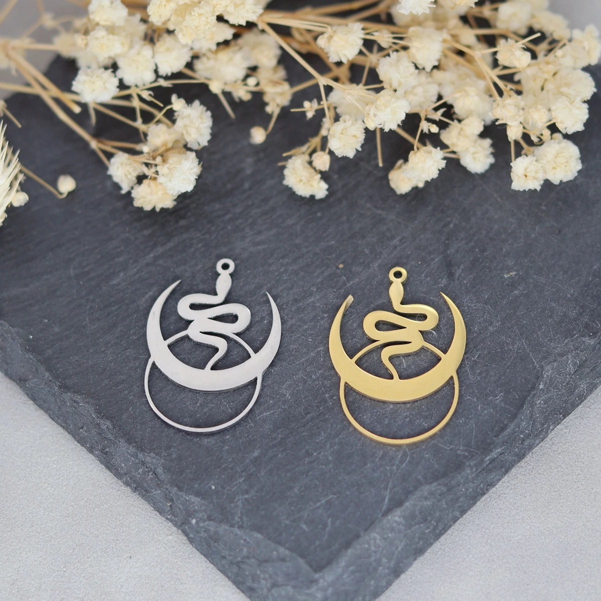 3pcs Crescent Moon Snake Charms Connector DIY Craft Bracelets Necklace Women Charm For Jewelry Making Stainless Steel Pendant
