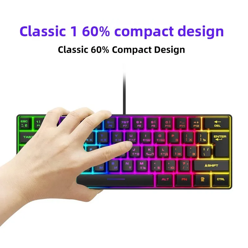 61 Keys Russian Layout Mechanical Feel Keyboard USB Wired Portable E-Sports Office Computer Gaming Accessories