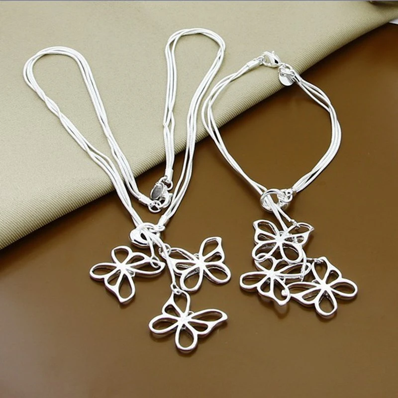 

925 Sterling Silver Three Butterfly Necklace Bracelet Set For Woman Wedding Engagement Fashion Charm Jewelry Gifts