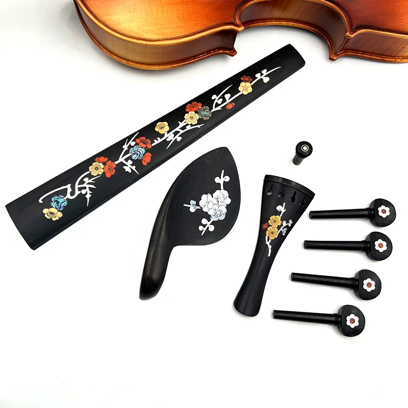 1 set 4/4 violin ebony accessories parts fittings,Inlaid pattern Tailpiece+Tuning pegs+Endpins+Chin rest/Chin Holder+Fingerboard