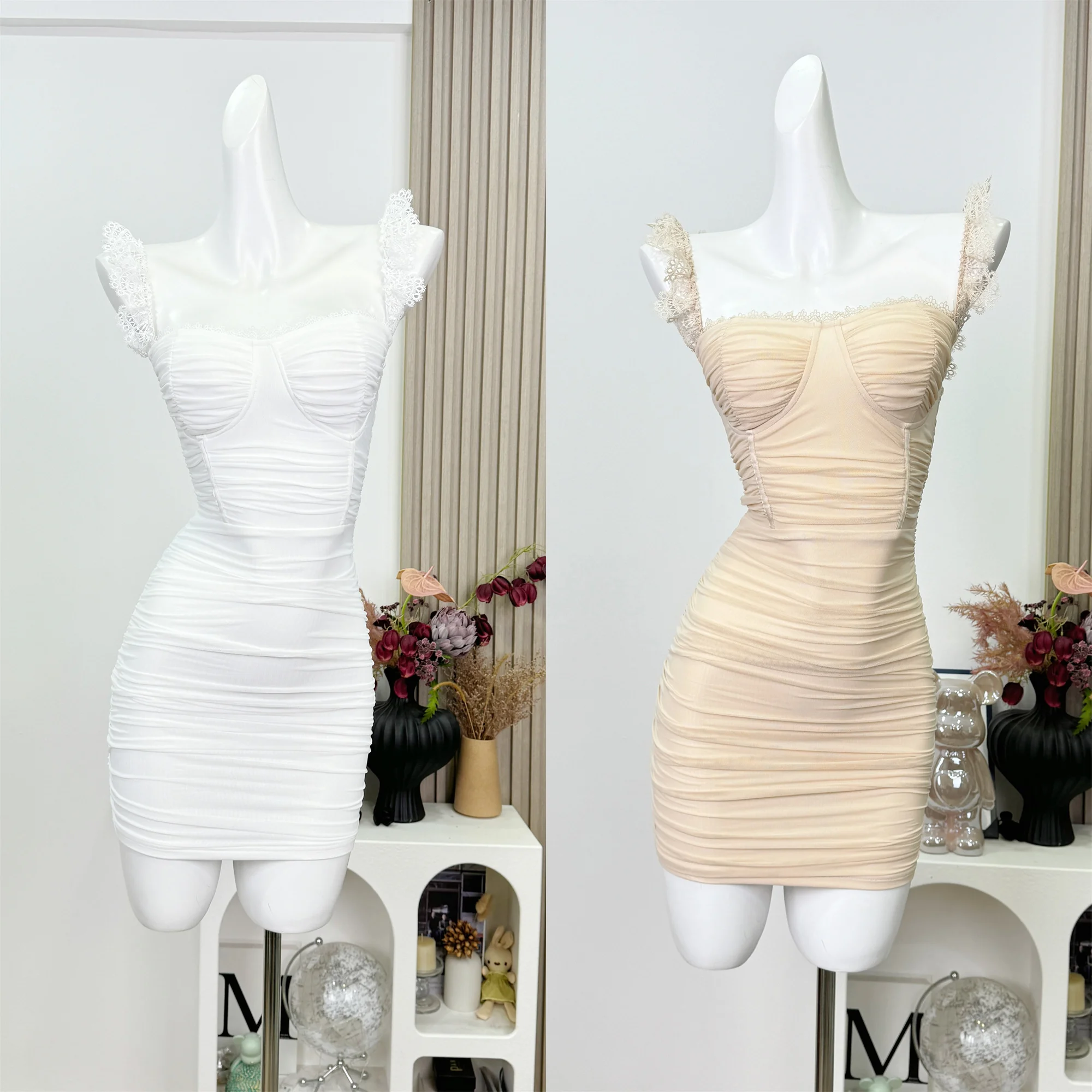 

2025 New Arrivals Nude Draped White Netting Bandage Evening Dress High Quality Party Dress Wedding Bithday Luxury Dress