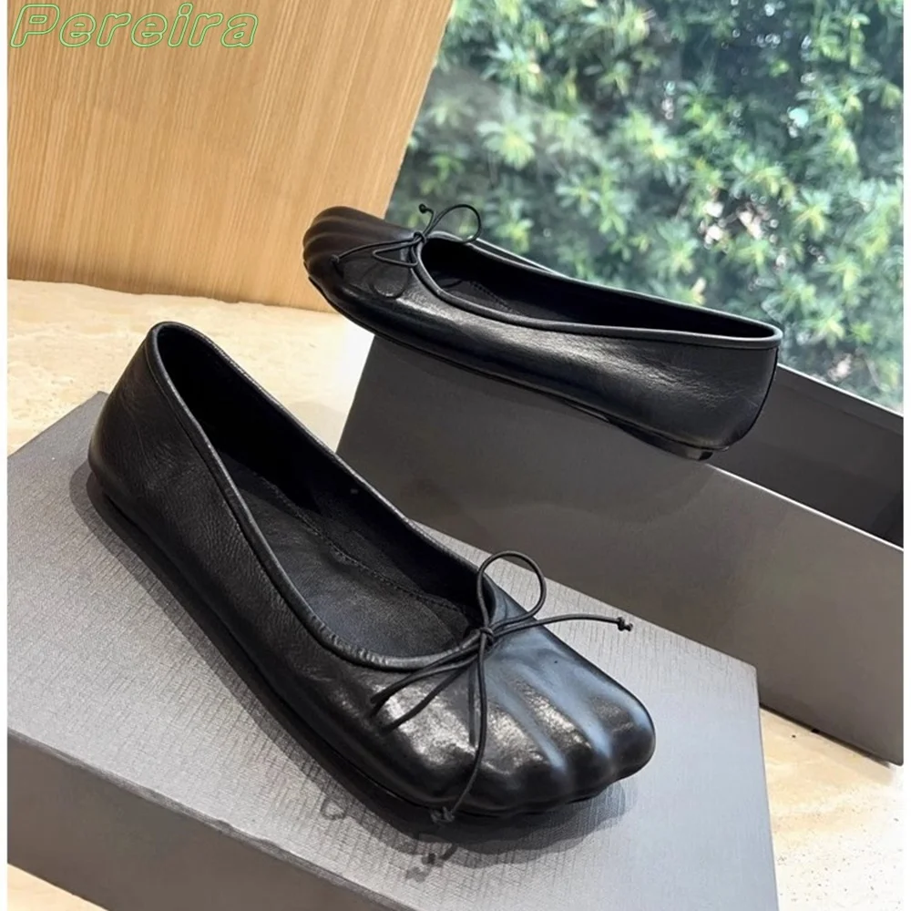 Pereira Butterfly-Knot Pumps Round Toe Ballet Shoes 2024 Spring Summer Flat Shoes Women Silver Fashion New Arrivals