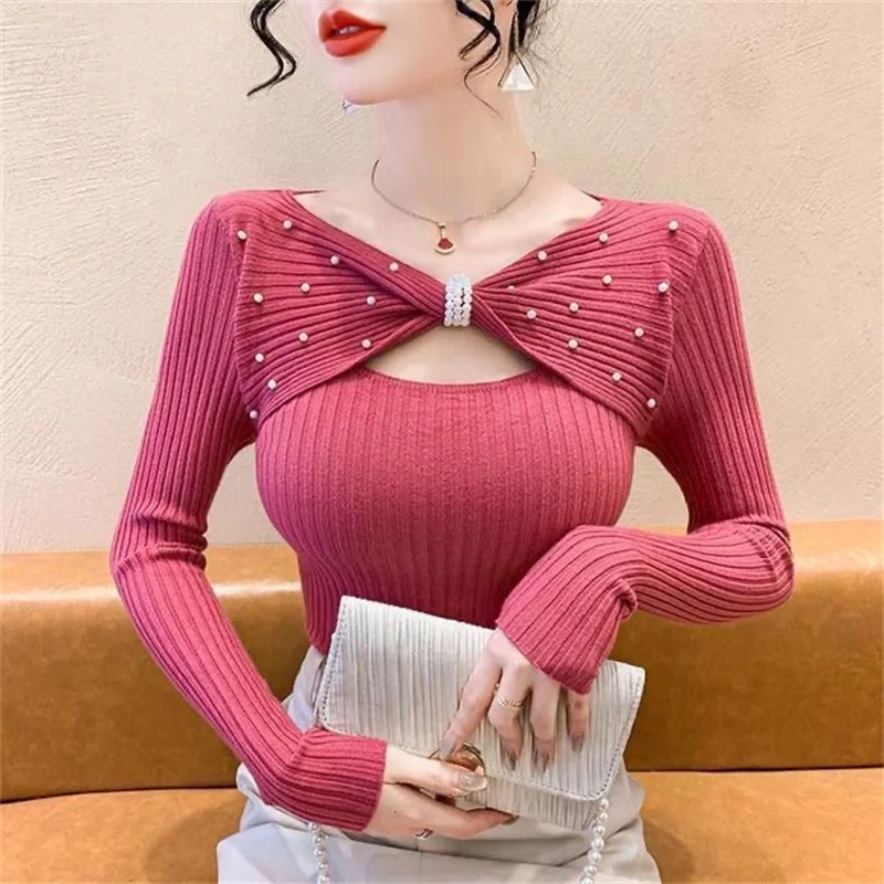 

2026 New Ladies Temperament Bead Bow Sweater Pullover Autumn Slim Fit Women'strendy Long Sleeve Chic Sweaterstop