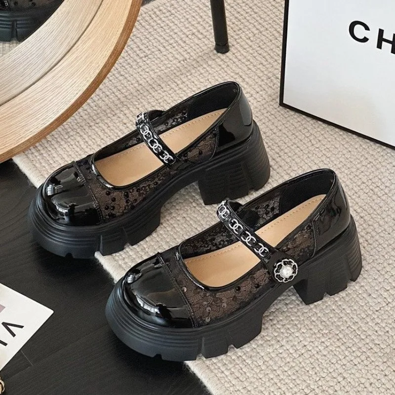 Women Mesh Chain Platform Mary Jane Shoes Chunky Block Heel Patent Leather Round Toe Sweet Casual Dress Shoes For Ladies