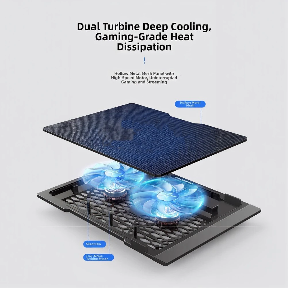 Adjustable Dual Fan Laptop Cooling Stand With Metal Mesh For 17 Inch Gaming Notebook Radiator Base Quiet Heat Dissipation