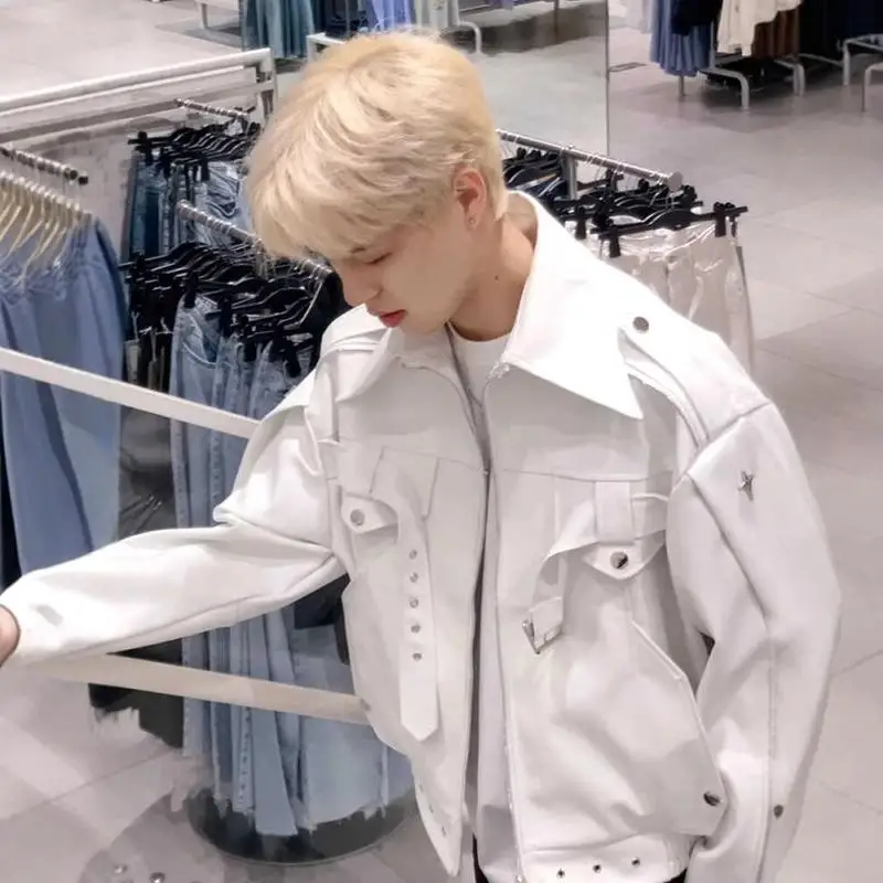 

American High Street Sle Men's White Leather Jaet ort Motorcycle Vest Top Spring Autumn Trendy Design Casual Youth Faion