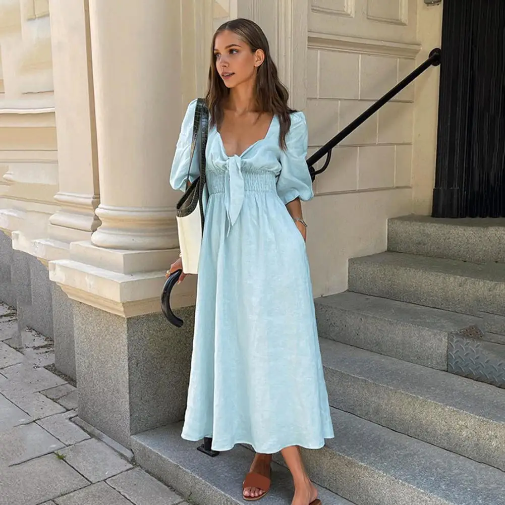 

Women Summer Dress Low-cut V Neck Lace-up Knot Puff Sleeves Pleated Elastic High Waist A-line Mid-calf Length Midi Dress