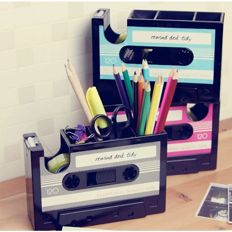 Multifunctional Tape Pen Holder Pencil Pot Storage Container Desk Stationery Organizer Retro Cassette Dispenser for Office Home