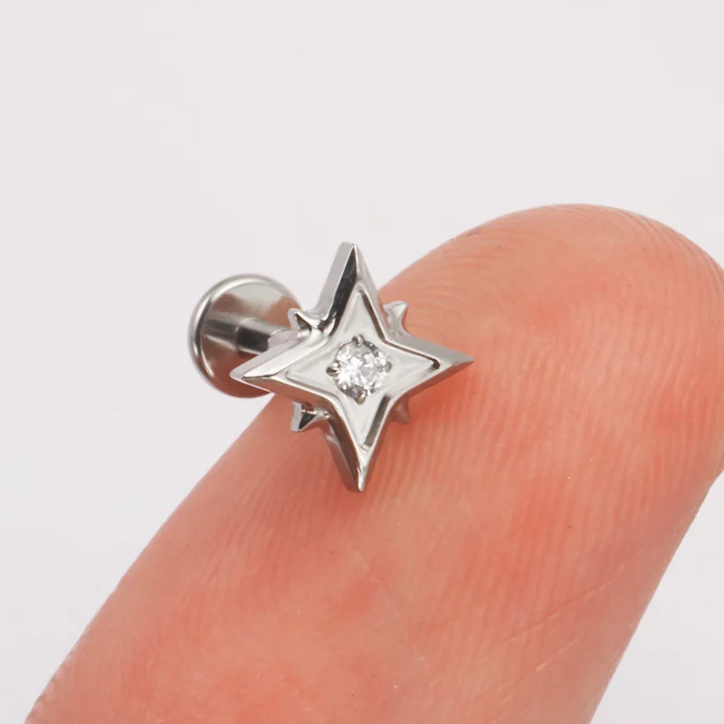 ZOOR ASTM F136 التيتانيوم تشيكوسلوفاكيا أربع نجوم مدببة شقة الظهر الغضروف قرط الاذن المرصع داخليا الخيوط مختبر اللولب الزنمة الشفاه الدائري