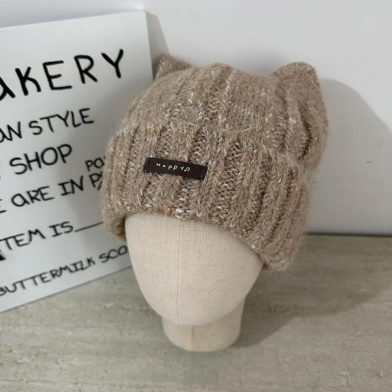 Koreanischer Stil, mehrfarbige Katzenohren-Strickmütze für Damen, niedlich, dick und warm für Herbst und Winter, Skull-Beanie-Mütze. – Detail 4