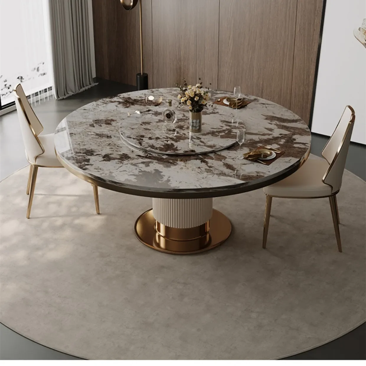 Luxury White and Gold Rock Slab Dining Table Set Modern Light Luxury Dining Room Furniture Round Dining Table Set New