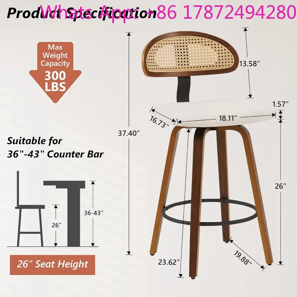 Swivel Counter Height Bar Stools Set of 3,  Upholstered Seat Barstools with Rattan Back