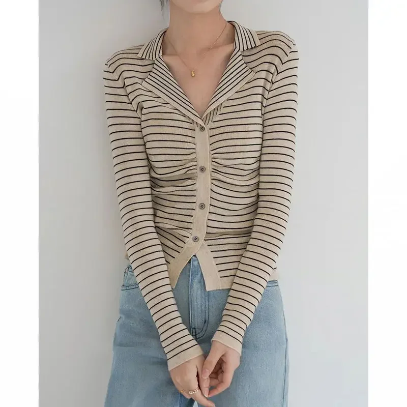 

Винтажный полосатый вязаный кардиган, женский осенний новый тонкий топ с отложным воротником и длинными рукавами, женская мода, универсальный свитер
