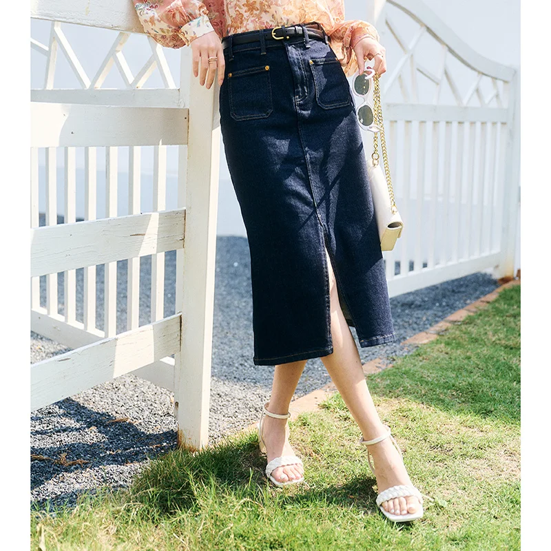 Reputation style is easy to wear all year round, spring 23 new high waisted square pocket washed denim skirt