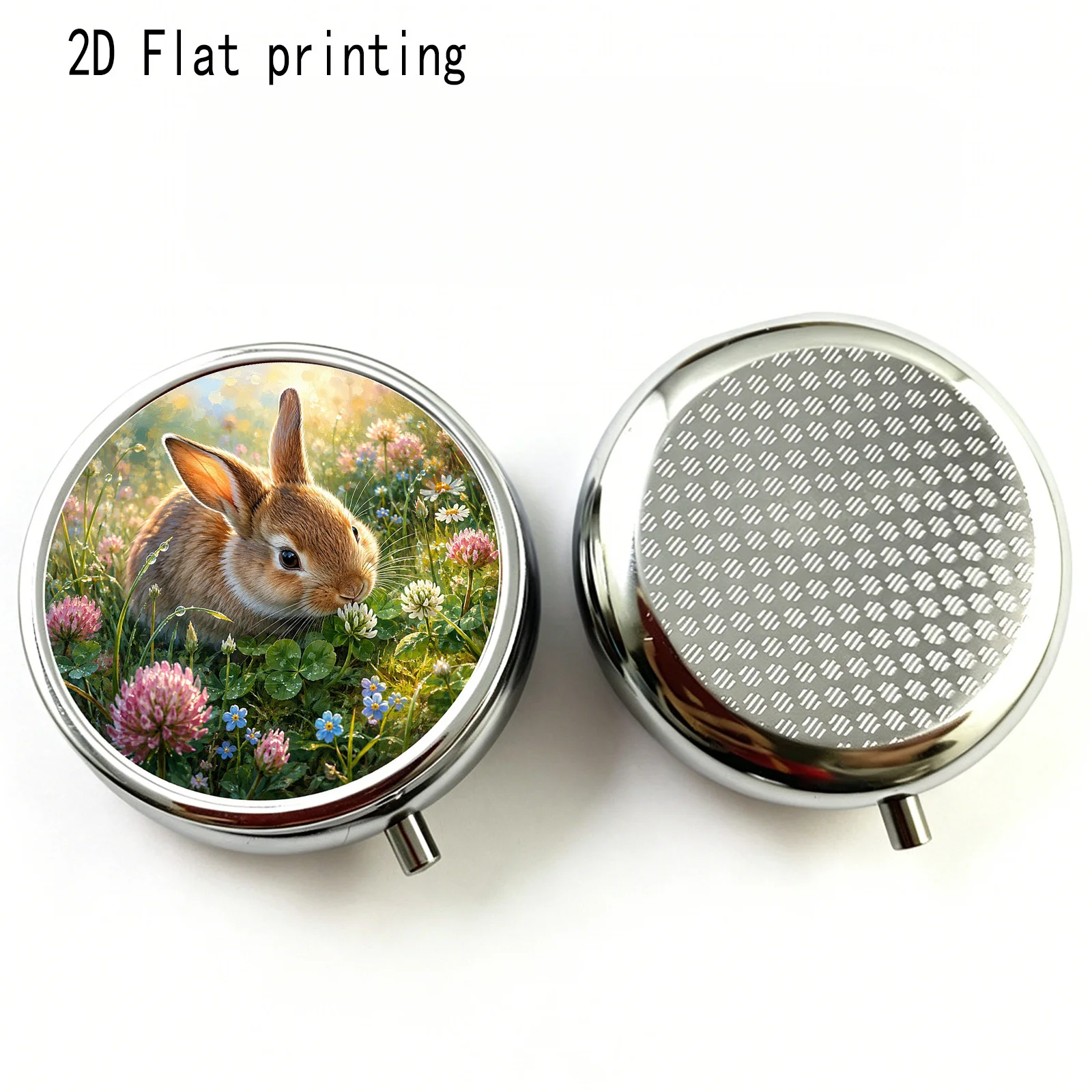 Brown Rabbit Spring Flower Pattern, Round Three-Compartment Small Pill Box, Portable Medicine Storage, Small Jewelry Organizer, Suitable for Handbags or Travel, Holiday Gifts, Souvenirs, Prizes, Small Gifts, Suitable for Personal Use or as an Exquisite Gift Option