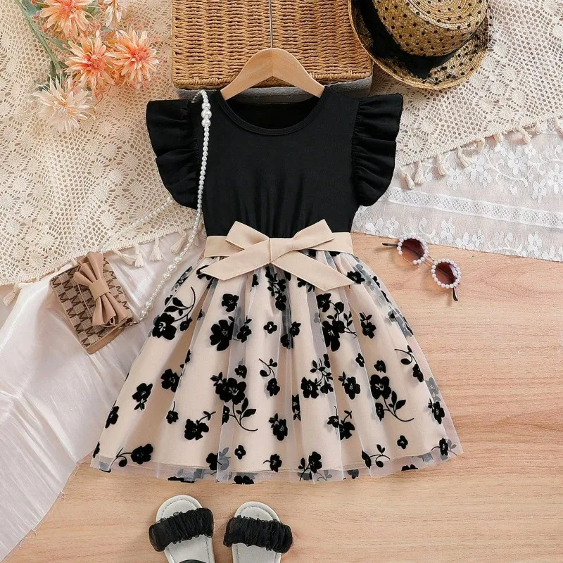 Girls' Chic Knit Pullover Dress with Flutter Sleeves - Sweet Princess Outfit for Spring/Summer 2026